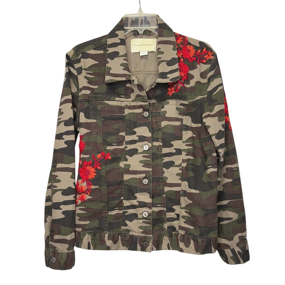Anthropologie‎ Camo Embroidered Denim Jacket Women's Size Medium
